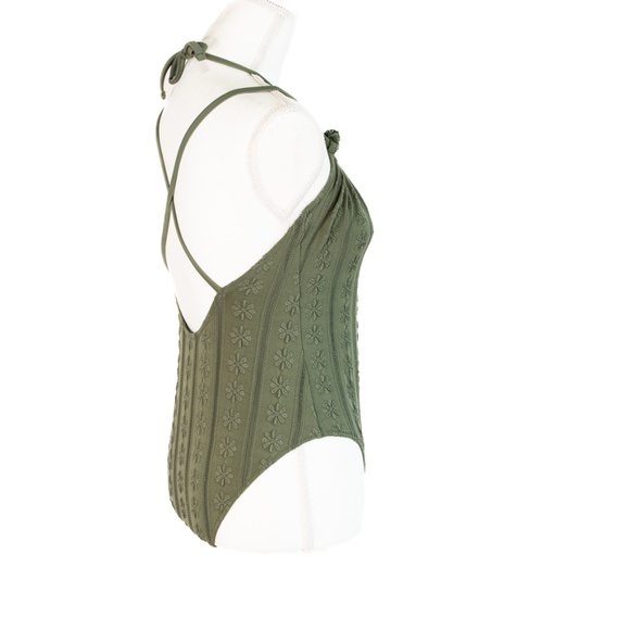 Aerie Deep Green Embroidered Floral Cheeky One Piece Swimsuit, Size Medium - Picture 5 of 12